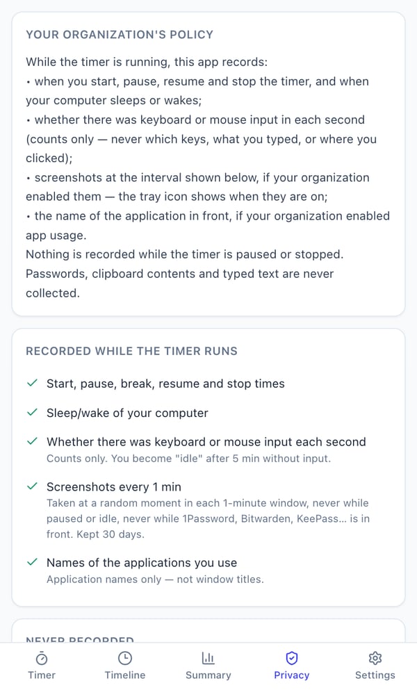 Desktop app privacy tab