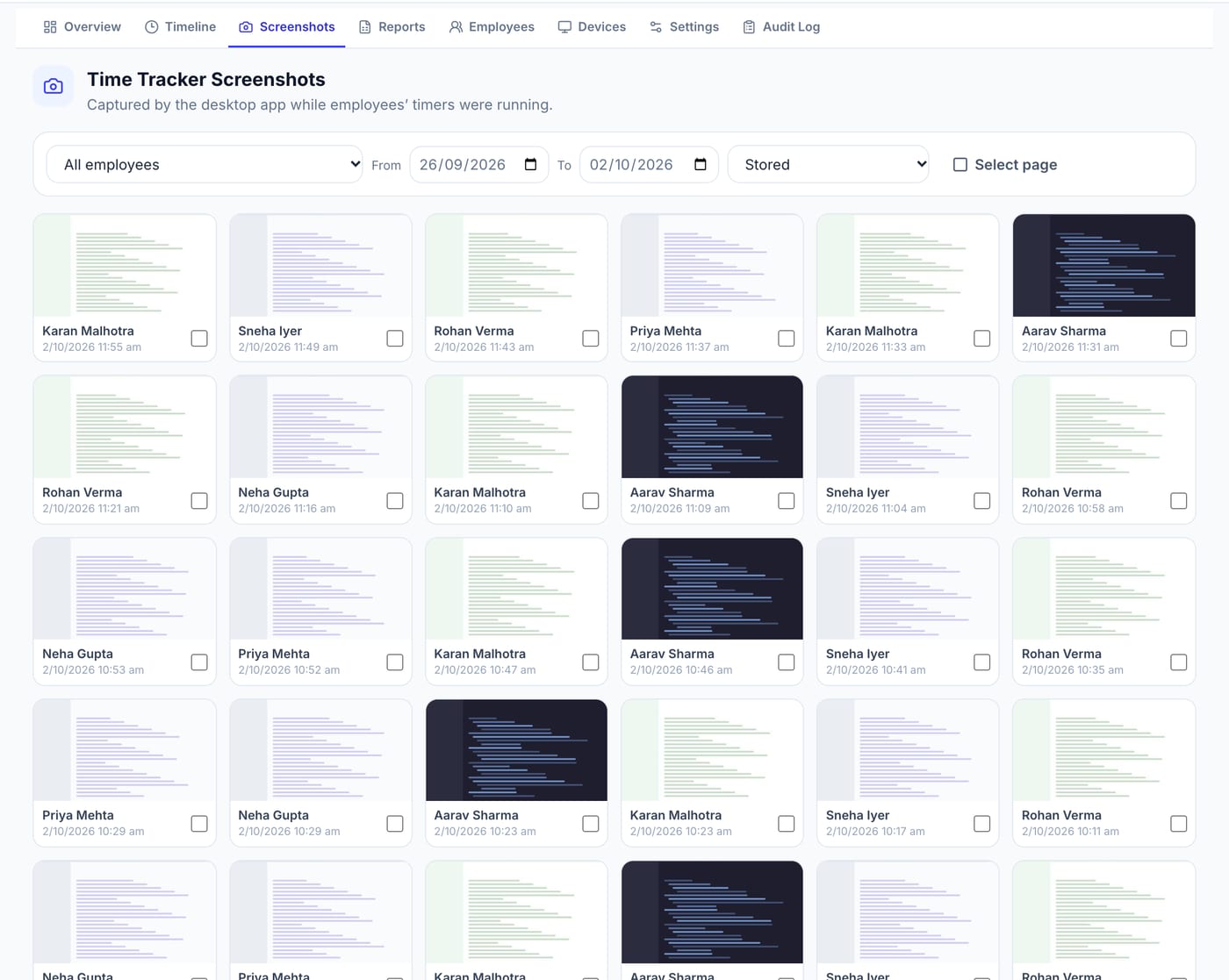 Screenshot gallery grouped by employee