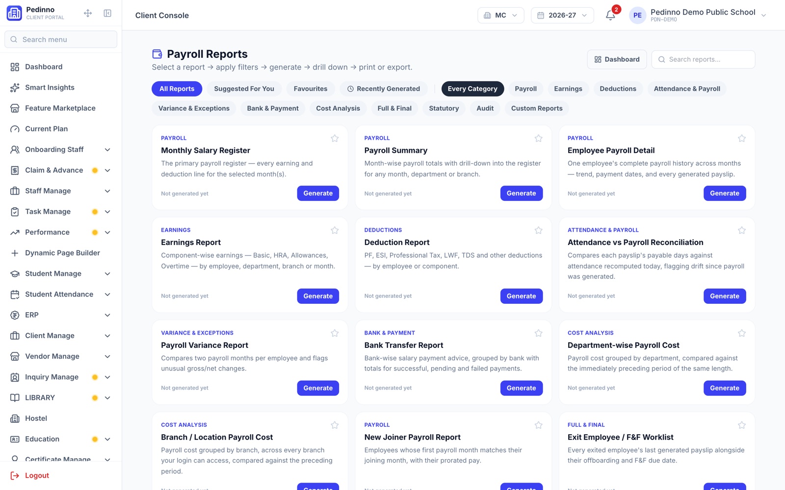 Pedinno payroll reports centre