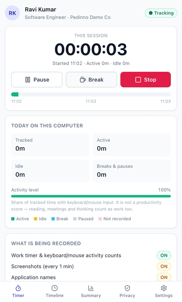 Pedinno Time Tracker desktop app showing a running work timer and what is being recorded